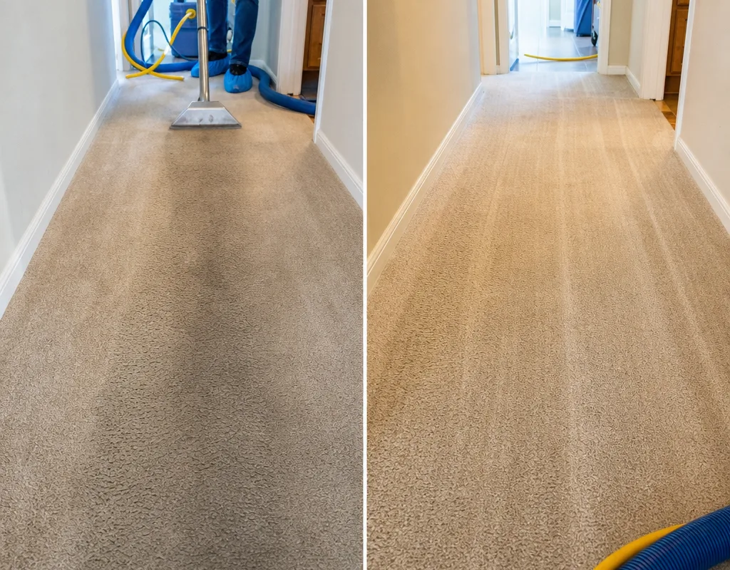Hallway carpet traffic lane before and after hot water extraction