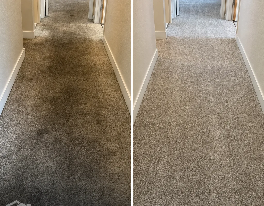 Hallway carpet traffic lane before and after hot water extraction
