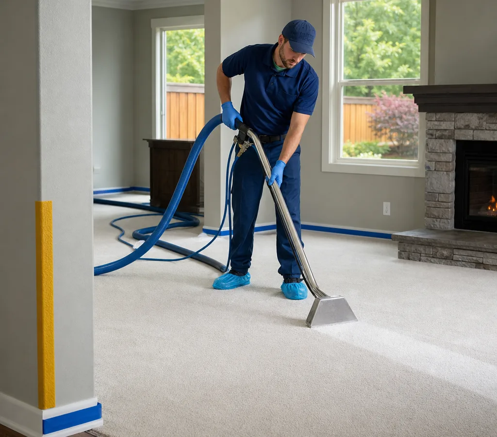 Technician using a hot water extraction wand on residential carpet in a Medford living room