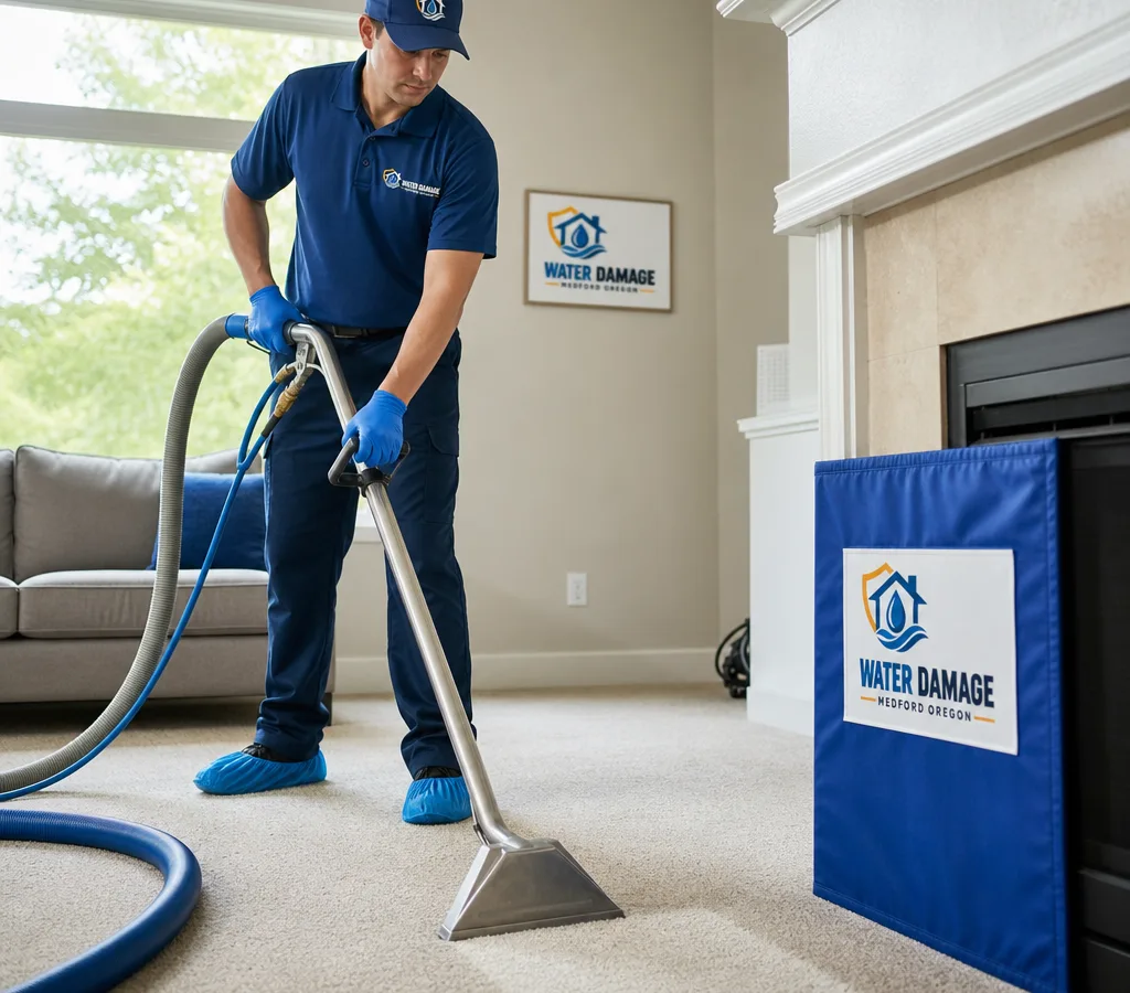 Technician using a hot water extraction wand on residential carpet in a Medford living room