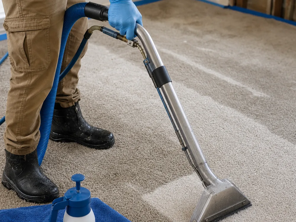 Carpet cleaning wand extracting water with visible clean path lines