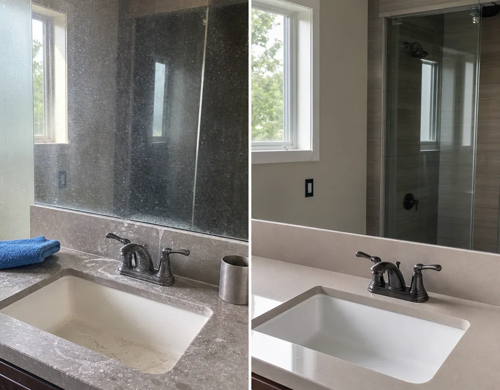 Bathroom sink area before and after removal of water spots and soap residue