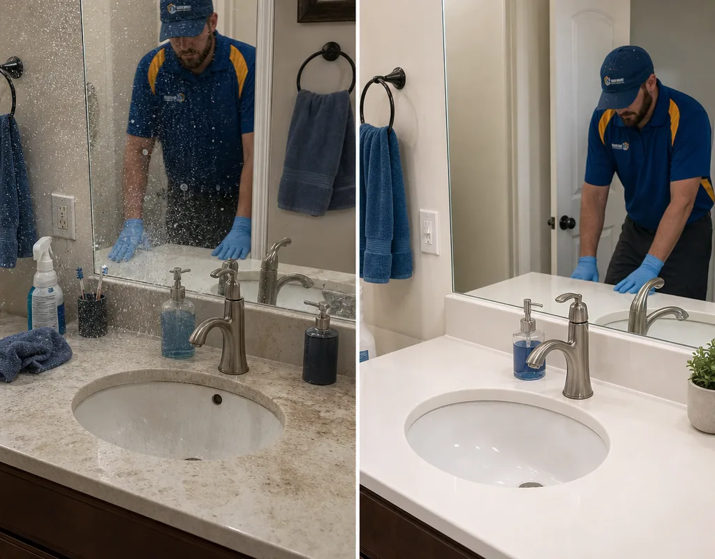 Bathroom sink area before and after removal of water spots and soap residue