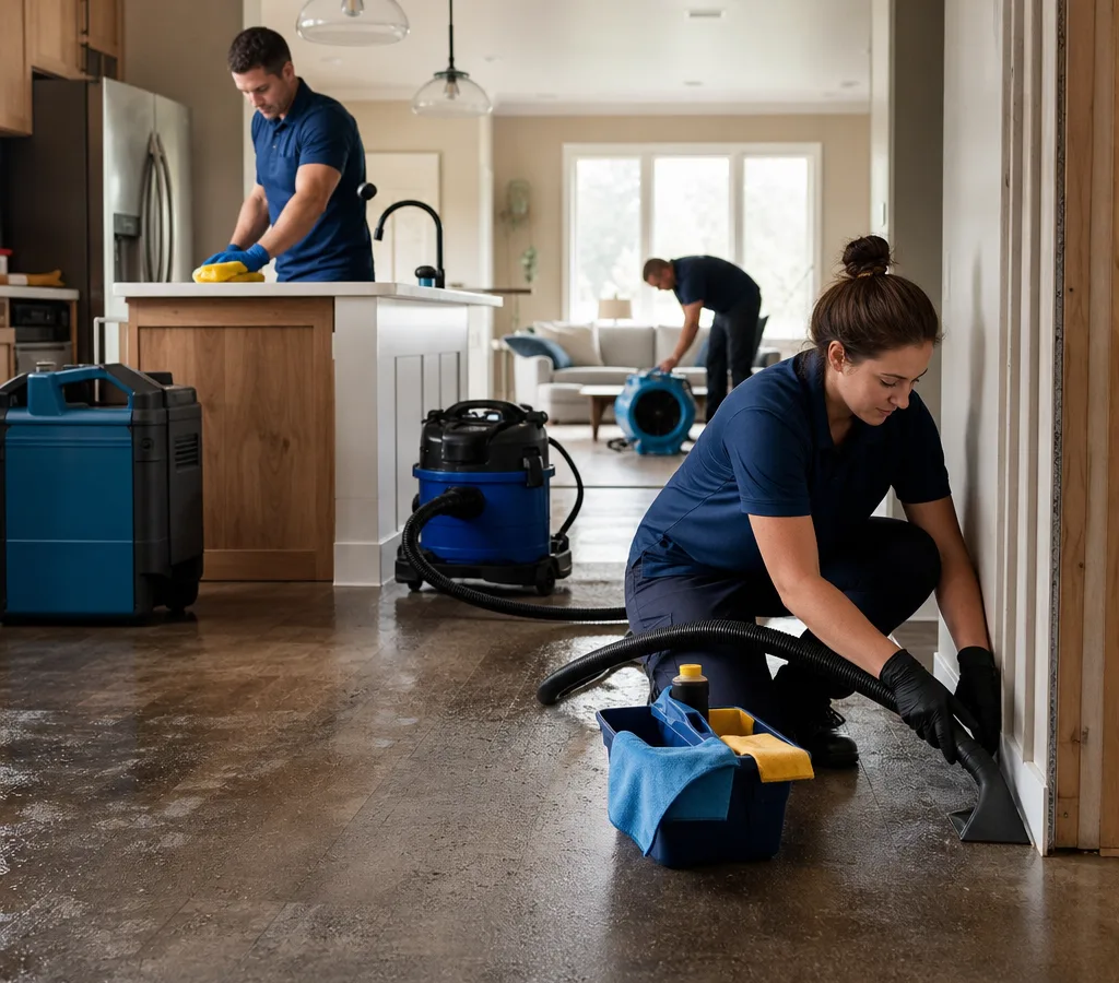 Professional cleaner working in a bright, lived-in Medford kitchen and living area