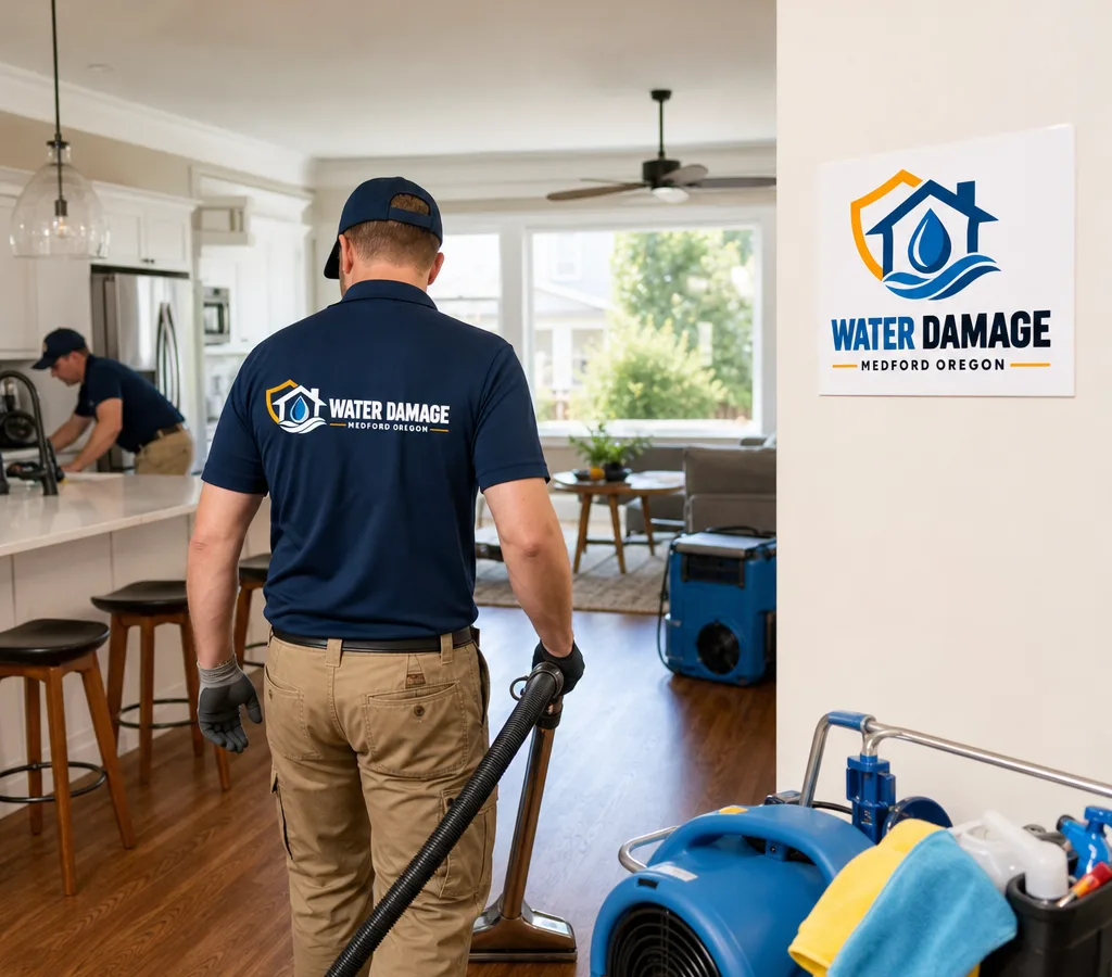 Professional cleaner working in a bright, lived-in Medford kitchen and living area