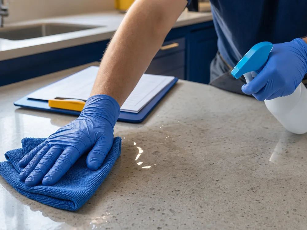 Cleaner wiping a kitchen countertop with a microfiber cloth beside a cleaning checklist