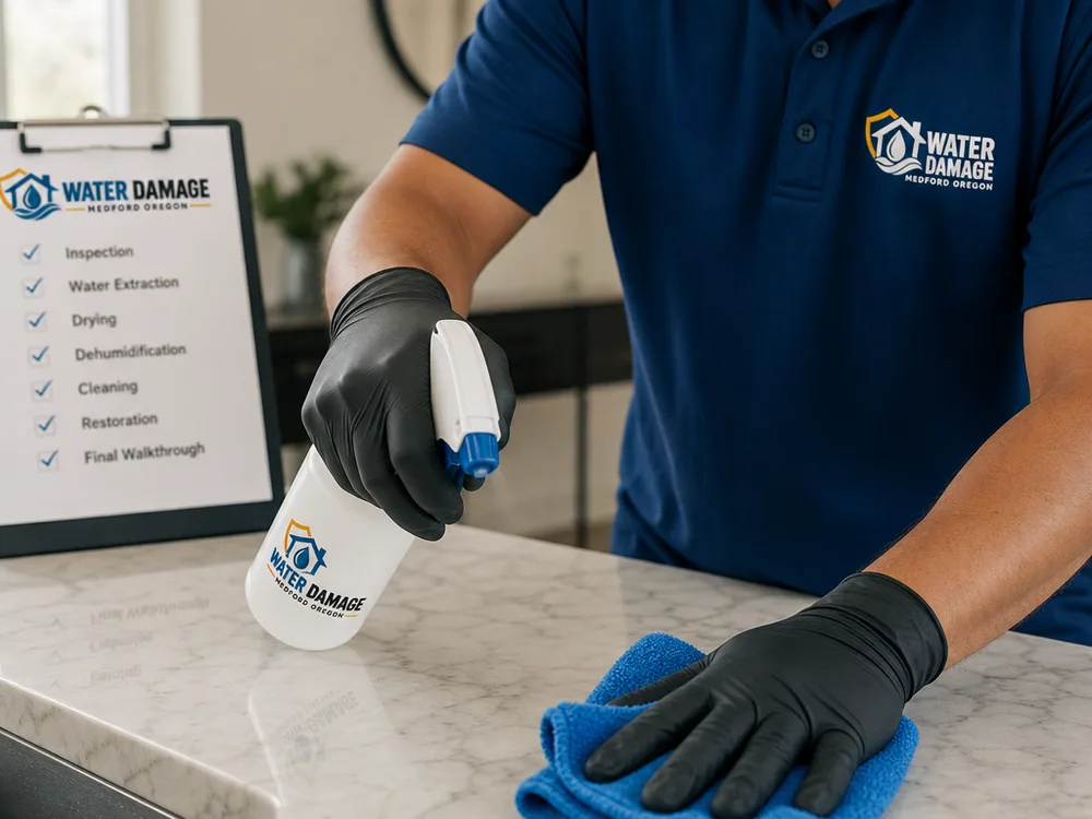 Cleaner wiping a kitchen countertop with a microfiber cloth beside a cleaning checklist