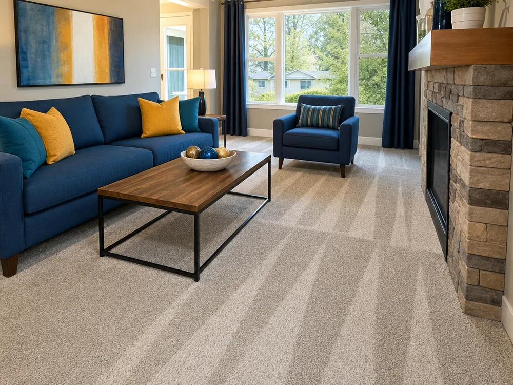 Freshly cleaned Medford living room with vacuum lines and dust-free surfaces