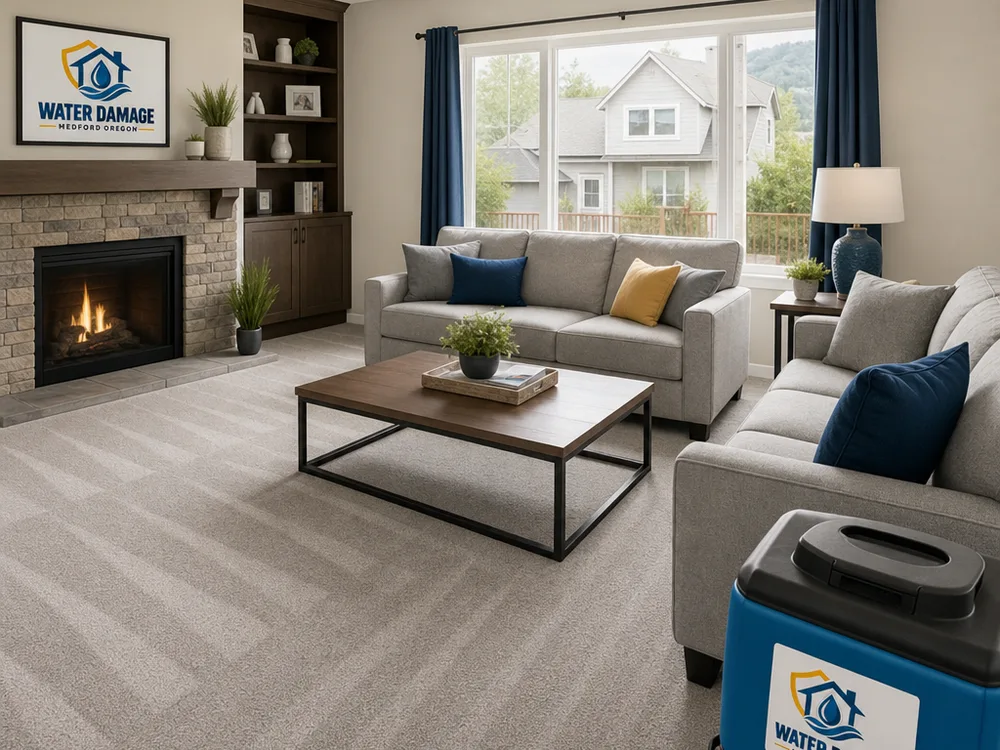 Freshly cleaned Medford living room with vacuum lines and dust-free surfaces