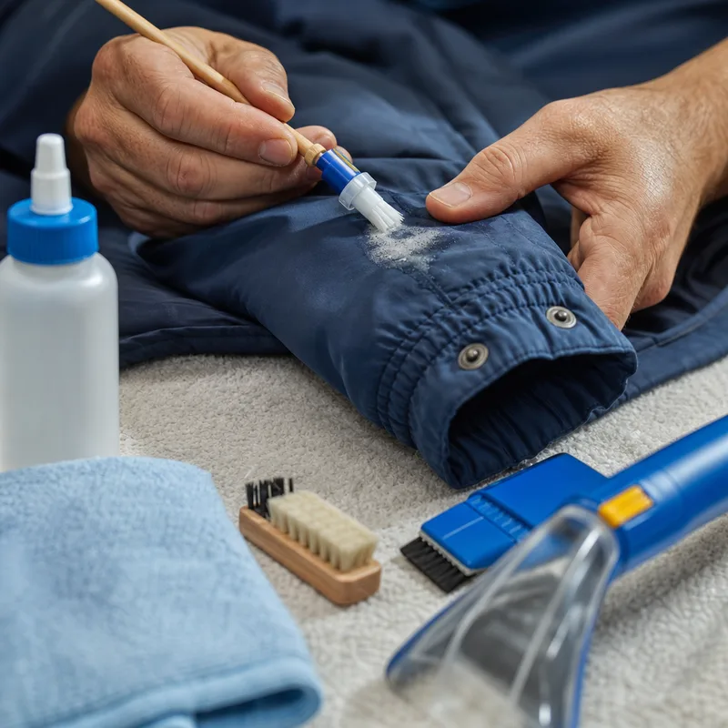 Technician spot-treating a jacket cuff beside garment-care tools and a care label