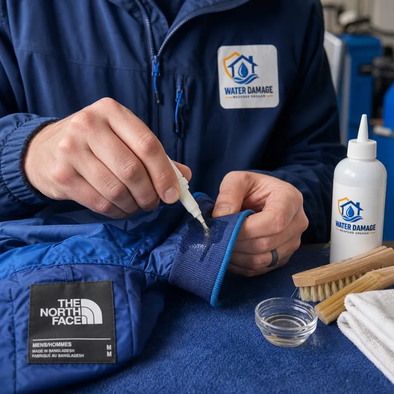 Technician spot-treating a jacket cuff beside garment-care tools and a care label