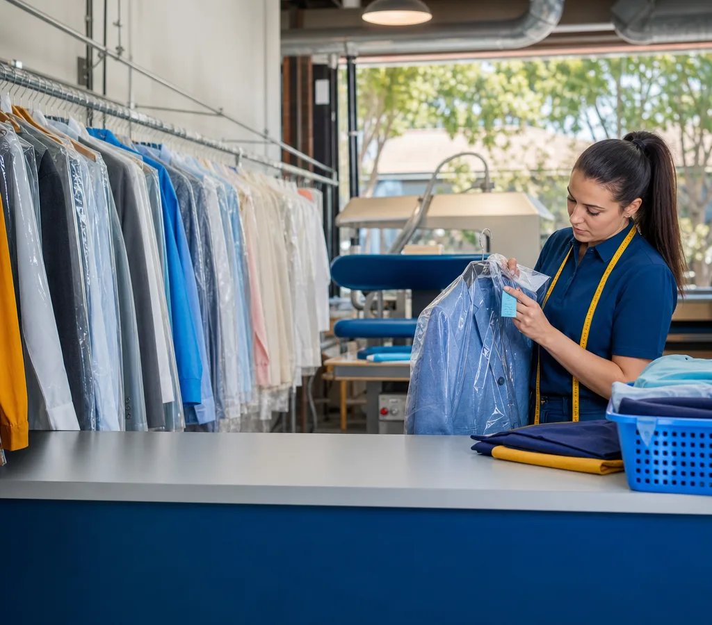 Staff member tagging hanging garments at the counter of a Medford dry cleaning shop