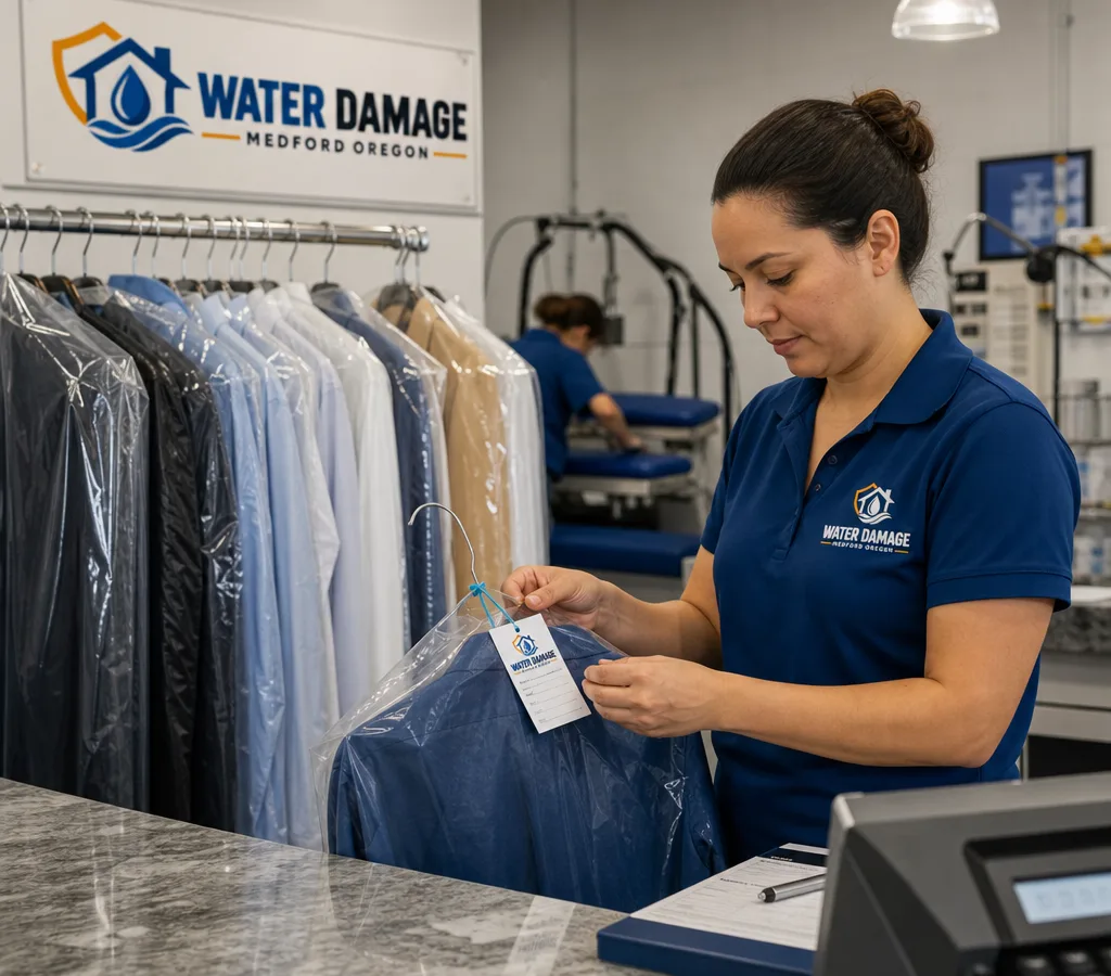 Staff member tagging hanging garments at the counter of a Medford dry cleaning shop