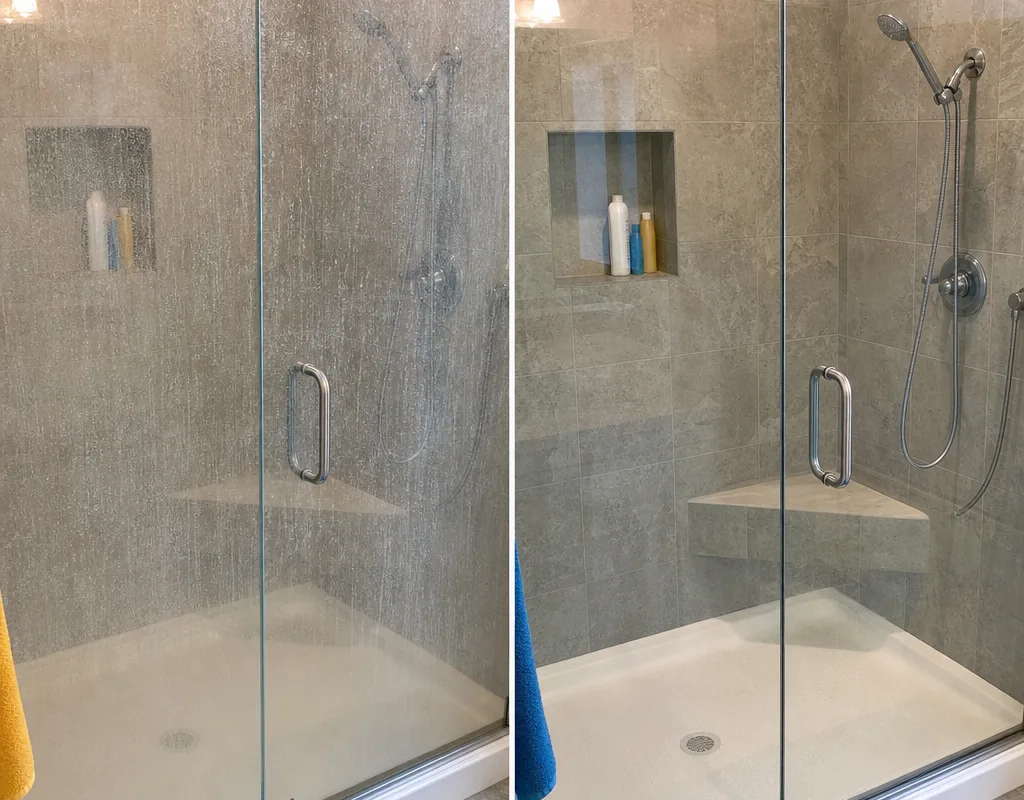 Before and after view of a shower wall and glass door with soap scum removed