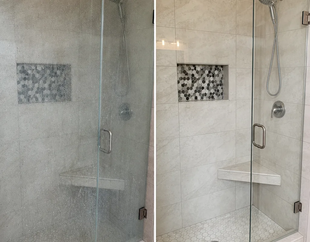 Before and after view of a shower wall and glass door with soap scum removed