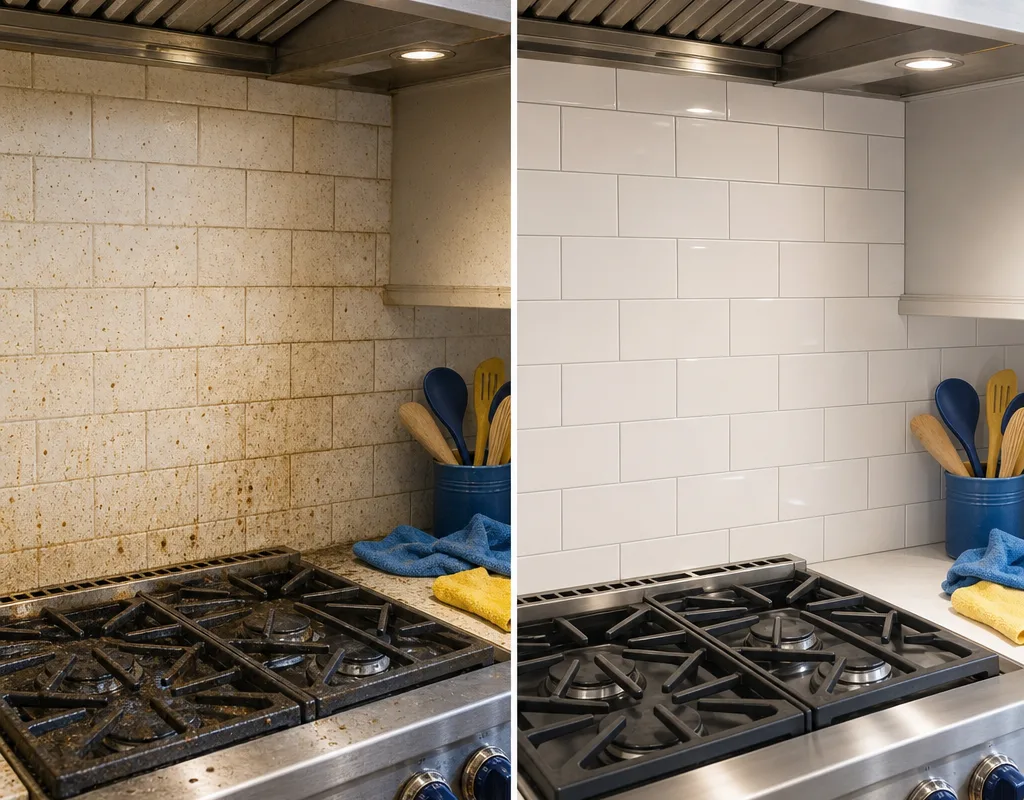 Before and after view of a kitchen stovetop and backsplash with grease removed