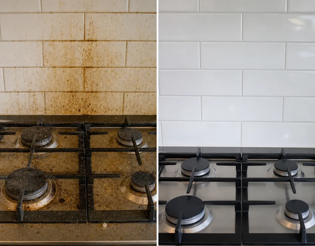 Before and after view of a kitchen stovetop and backsplash with grease removed