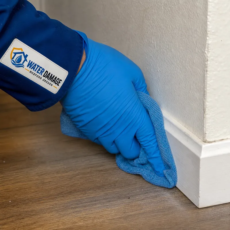 Microfiber cloth wiping dust from a baseboard and wall corner