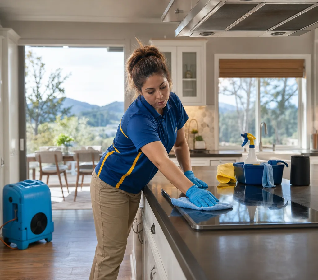 Professional cleaner wiping a kitchen counter and stovetop in a lived-in single-family home