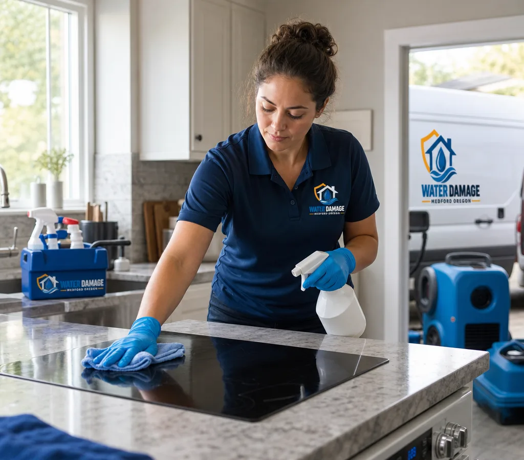 Professional cleaner wiping a kitchen counter and stovetop in a lived-in single-family home