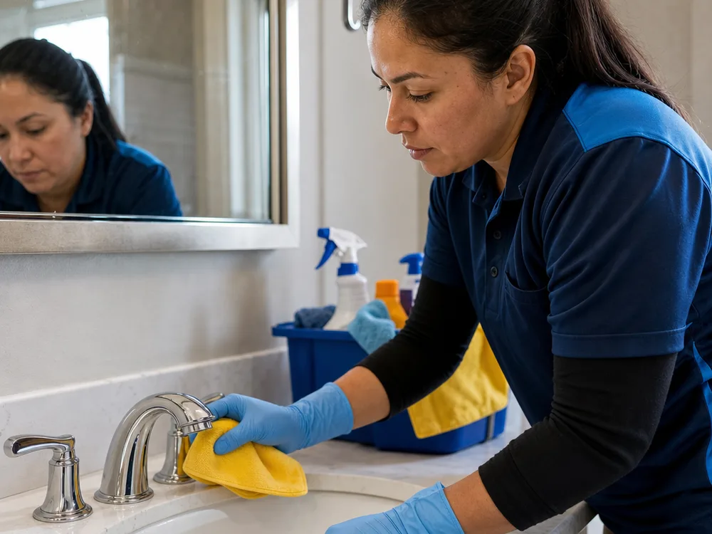 Cleaner detailing a bathroom sink and faucet with a microfiber cloth