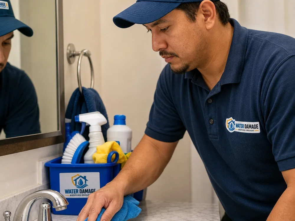 Cleaner detailing a bathroom sink and faucet with a microfiber cloth