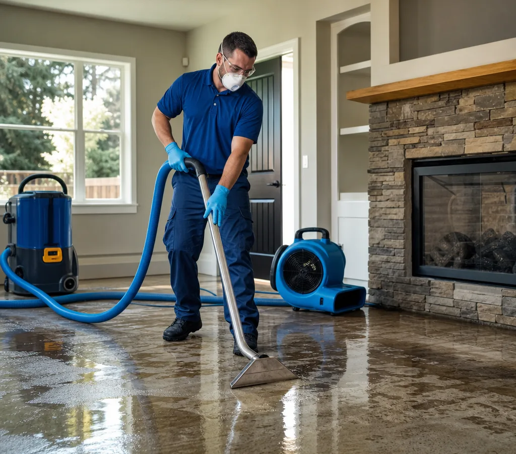 Technician using water extraction equipment and air movers in a Medford home