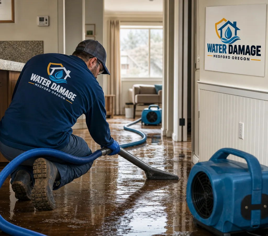 Technician using water extraction equipment and air movers in a Medford home