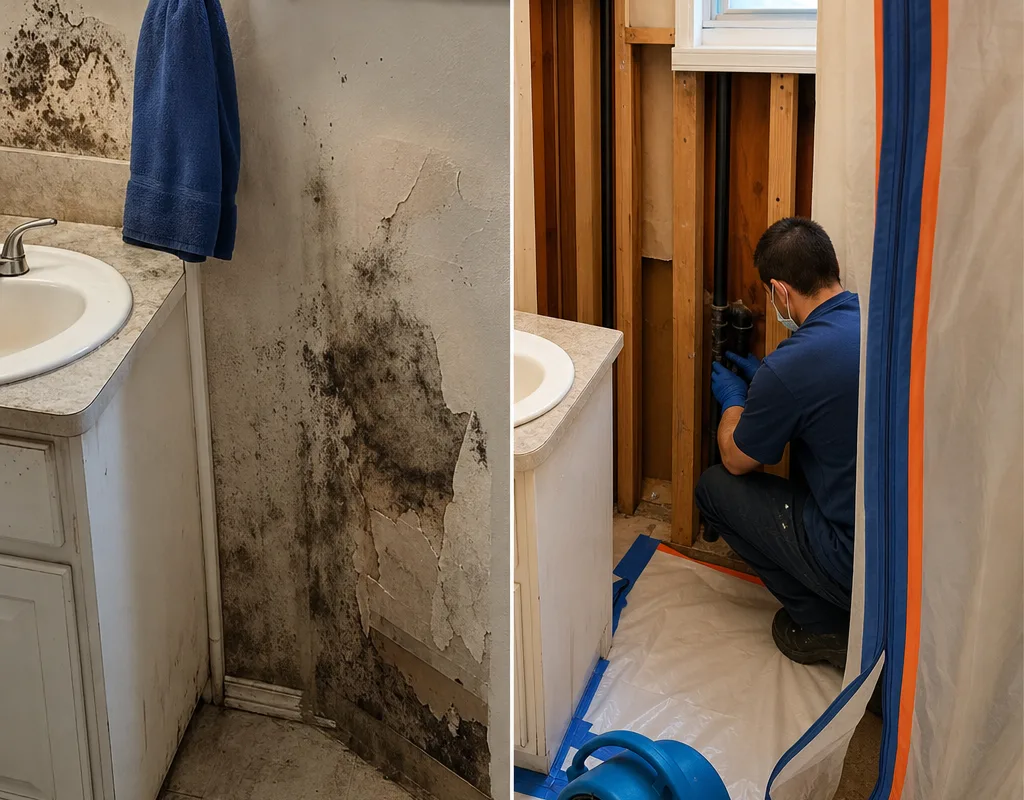 Bathroom vanity area before mold removal and after affected drywall removal with clean framing inside containment