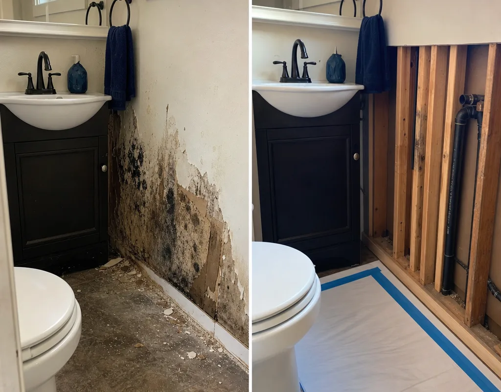 Bathroom vanity area before mold removal and after affected drywall removal with clean framing inside containment