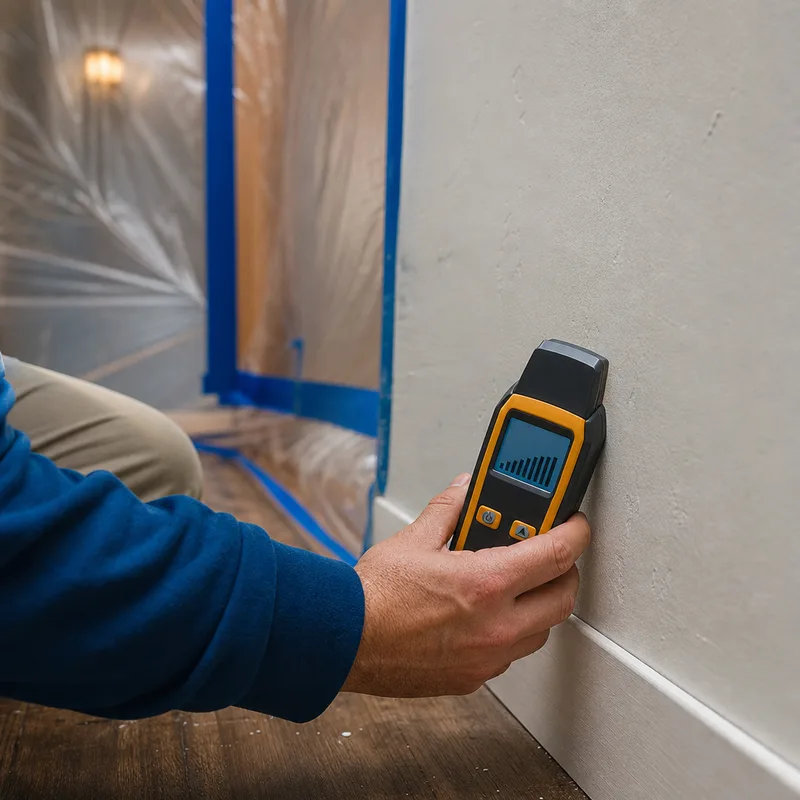 Moisture meter reading on drywall near a baseboard with containment plastic in the background