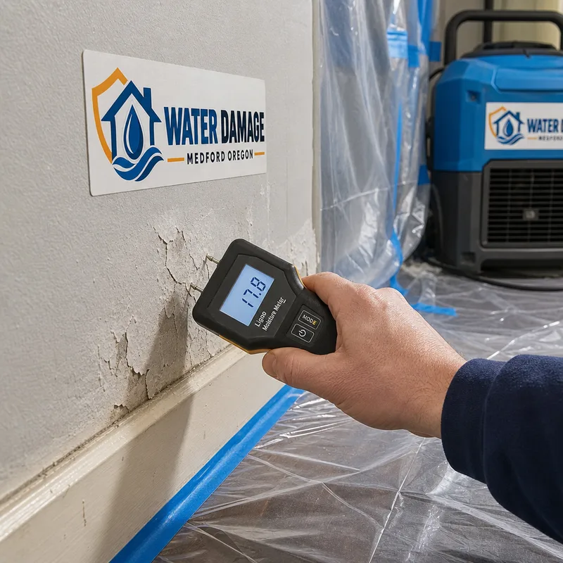 Moisture meter reading on drywall near a baseboard with containment plastic in the background