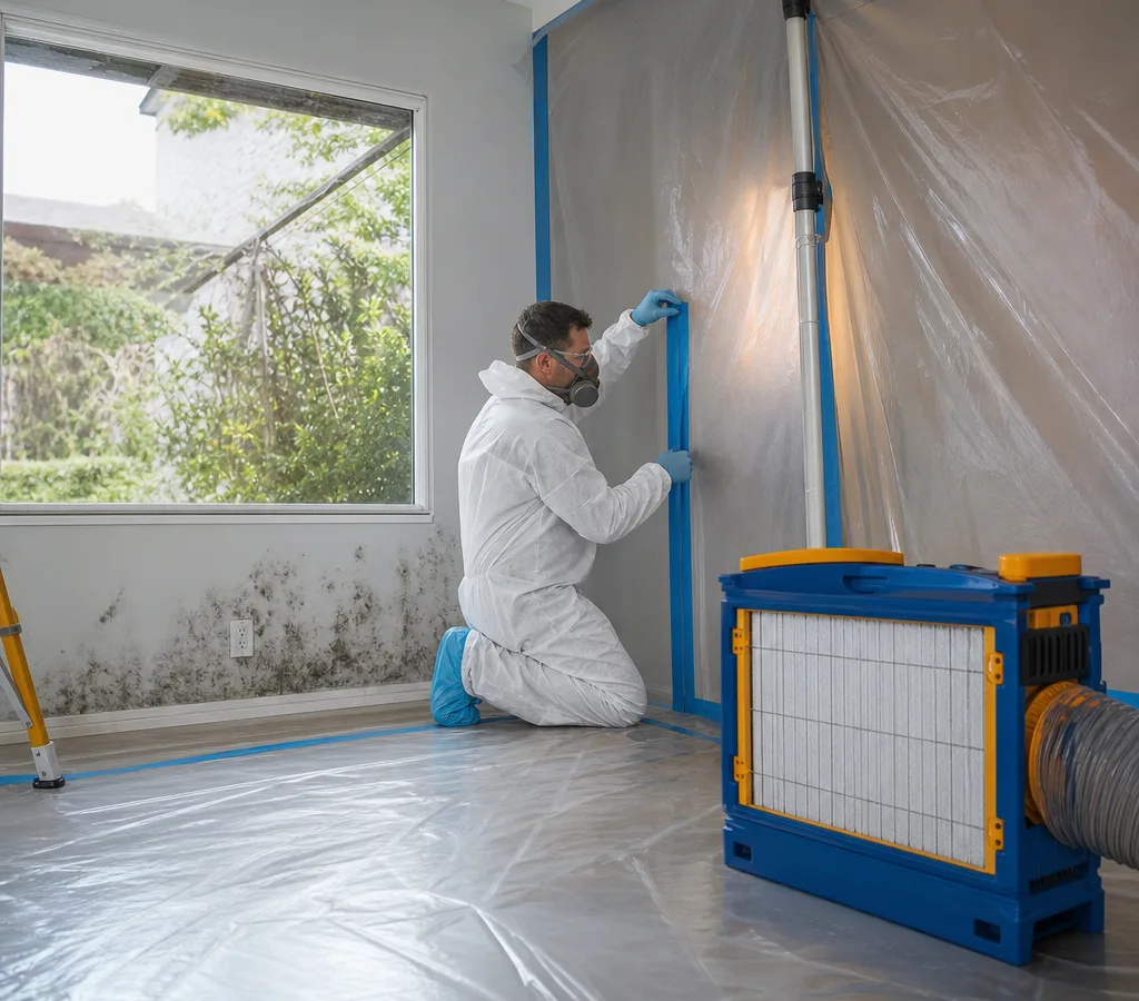 Technician in protective gear working inside mold containment with a HEPA air scrubber in a Medford-area home