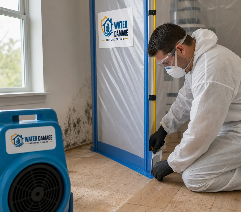 Technician in protective gear working inside mold containment with a HEPA air scrubber in a Medford-area home