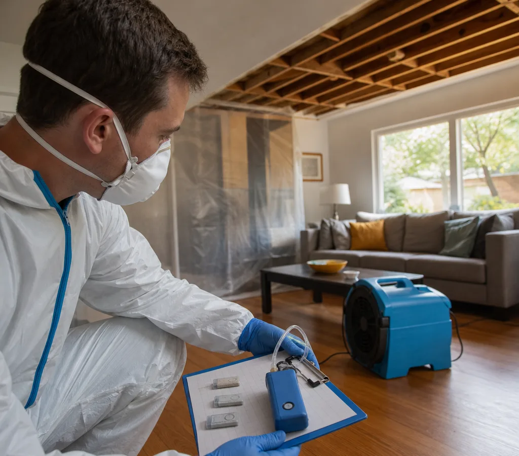 Inspector in protective gear collecting an indoor air sample in a Medford-area home