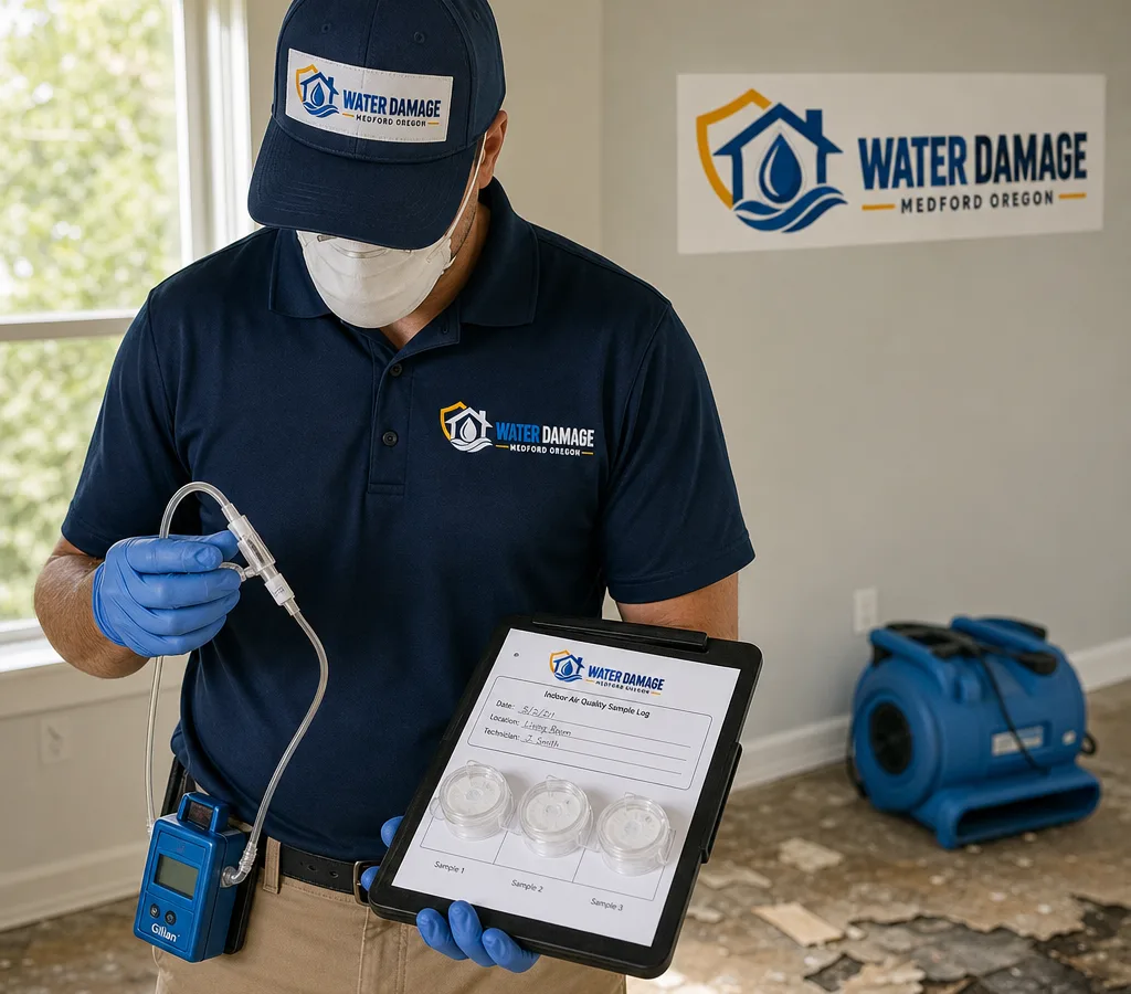 Inspector in protective gear collecting an indoor air sample in a Medford-area home