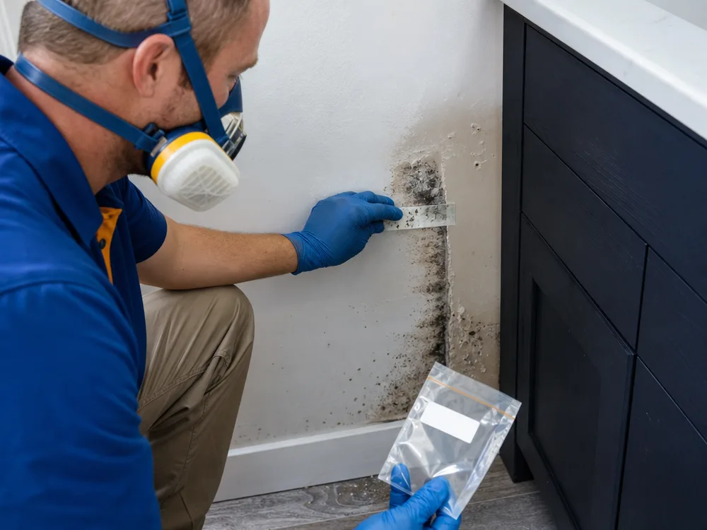 Inspector taking a tape-lift surface sample from suspected mold near a bathroom vanity