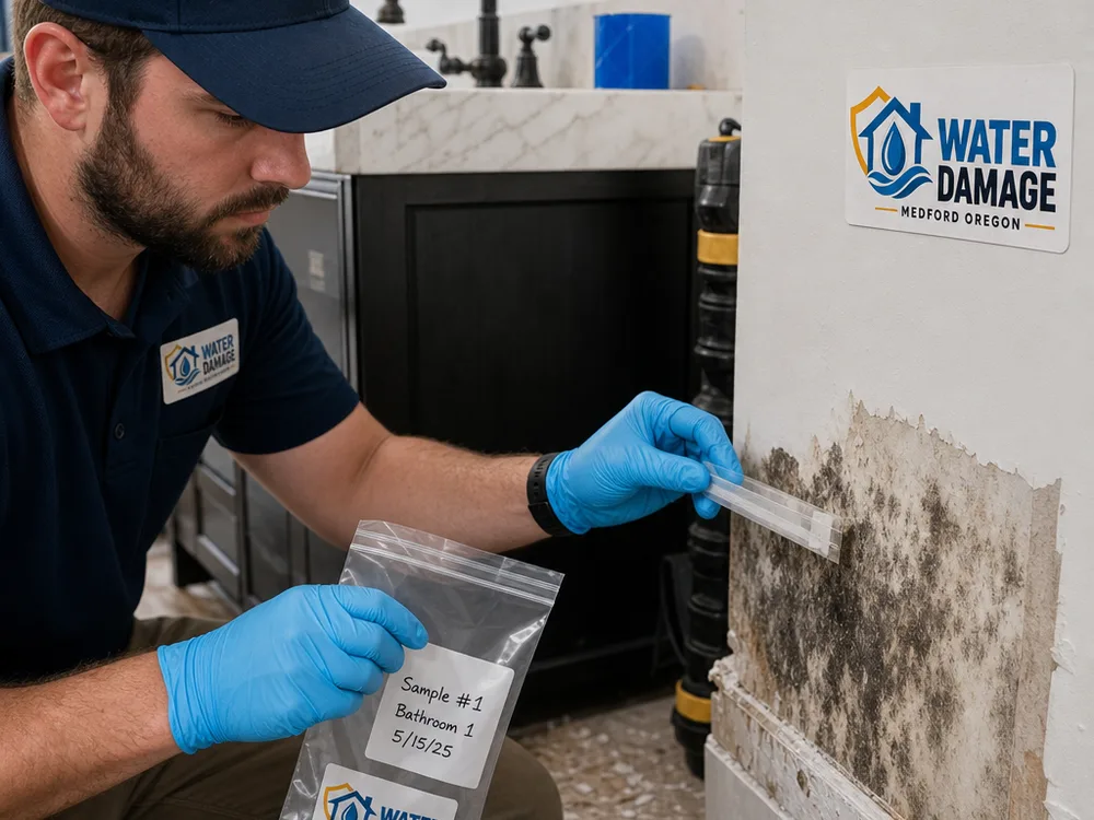Inspector taking a tape-lift surface sample from suspected mold near a bathroom vanity