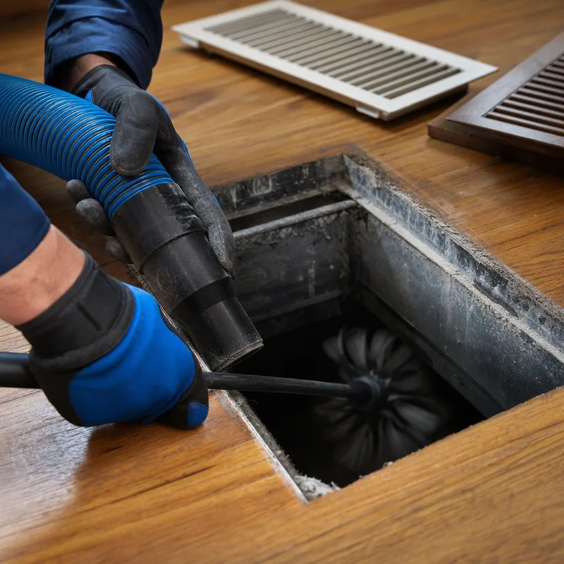 Duct access opening with a vacuum hose connected while a technician uses an agitation tool inside the duct
