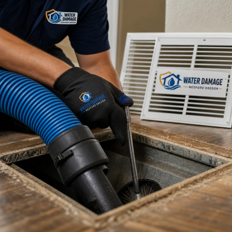 Duct access opening with a vacuum hose connected while a technician uses an agitation tool inside the duct