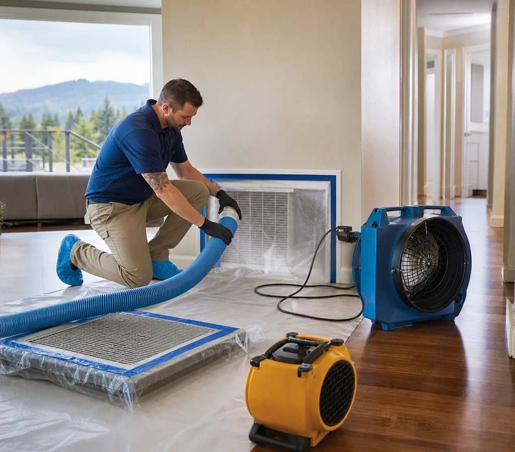 Technician setting up a negative-air duct cleaning system beside a residential HVAC return grille with drop cloths and sealed registers