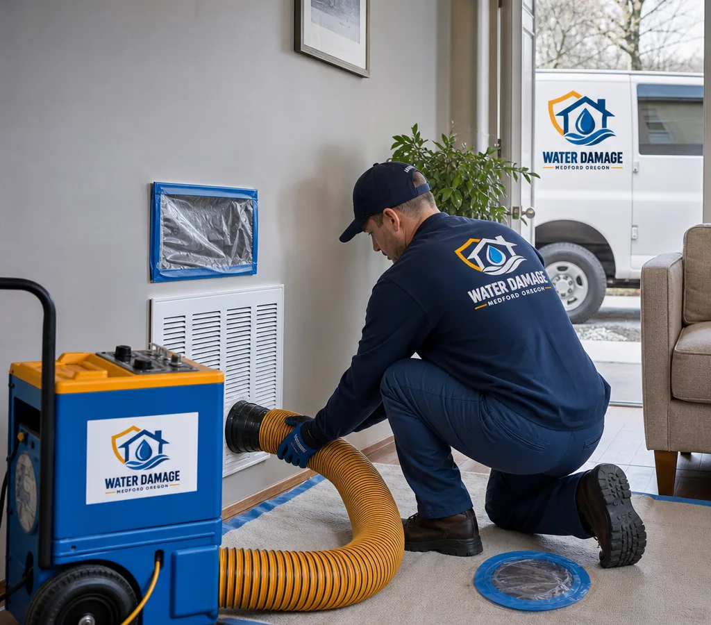 Technician setting up a negative-air duct cleaning system beside a residential HVAC return grille with drop cloths and sealed registers