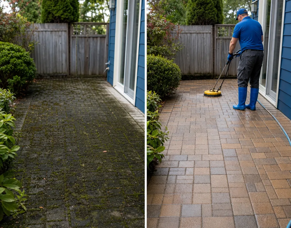Before and after of a patio with dark organic growth removed from the surface and joints