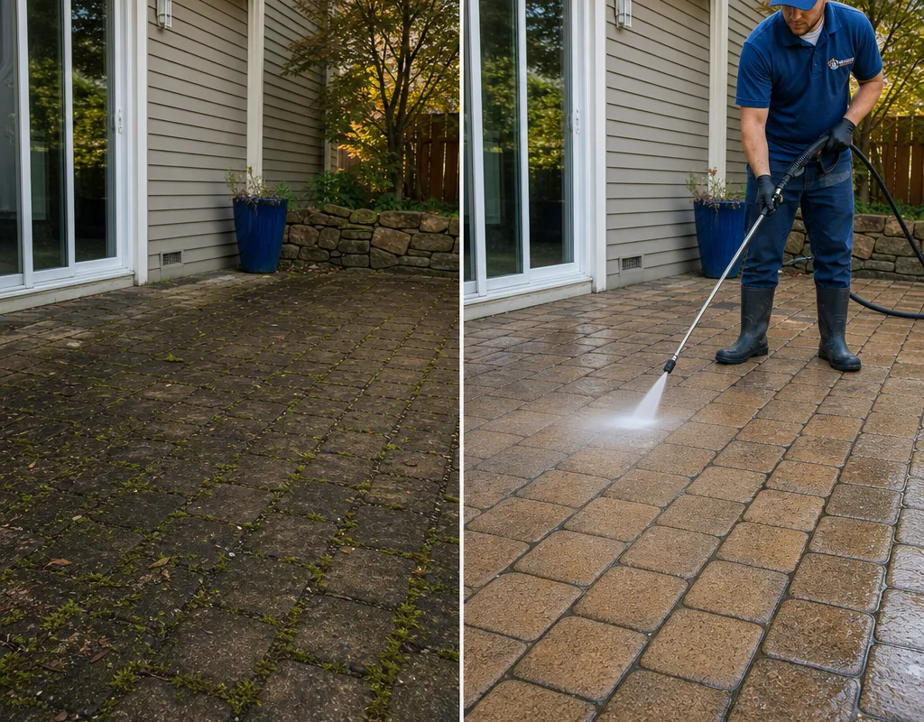Before and after of a patio with dark organic growth removed from the surface and joints