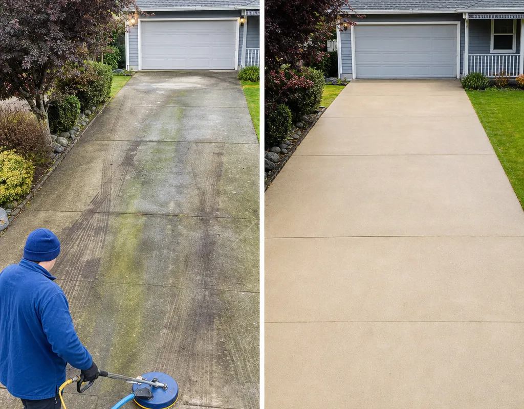 Before and after of an evenly cleaned concrete driveway with algae and tire marks removed