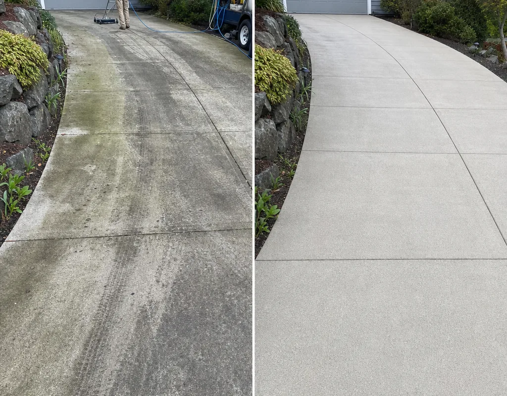 Before and after of an evenly cleaned concrete driveway with algae and tire marks removed