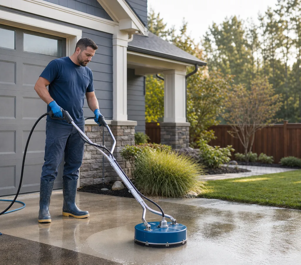 Technician pressure washing a residential driveway in Medford, NJ with controlled overspray