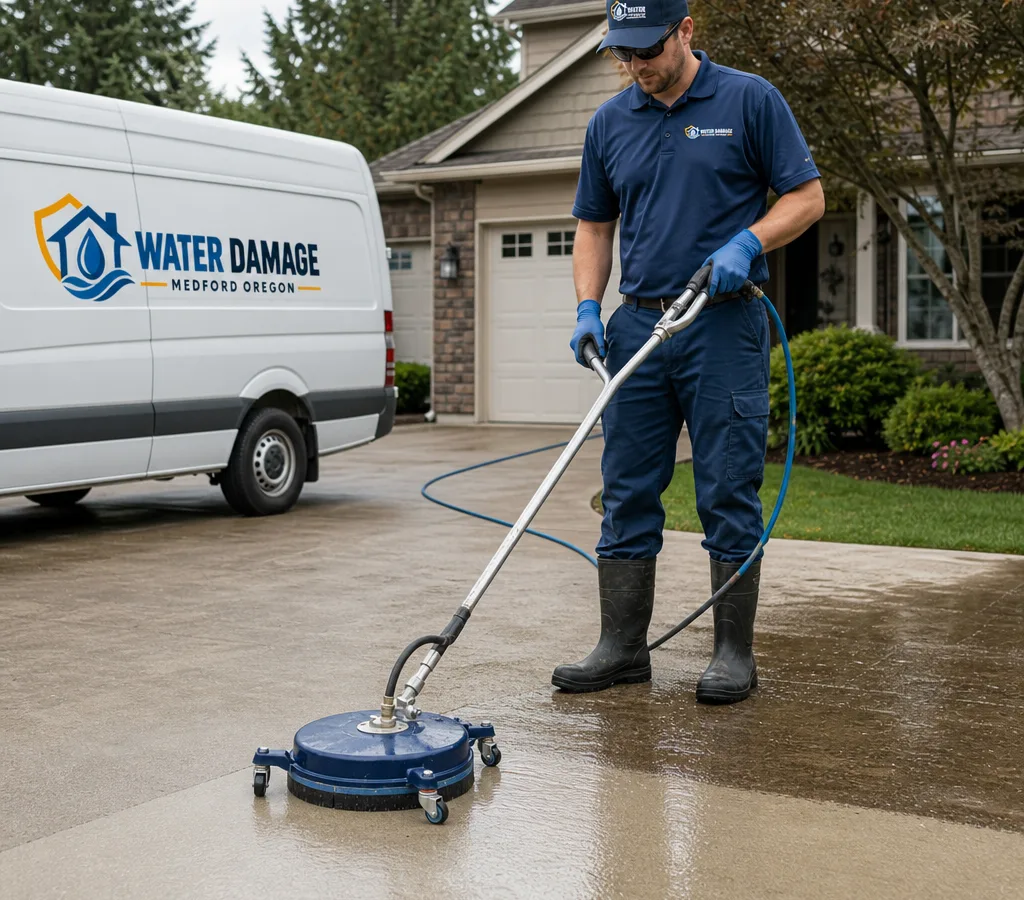 Technician pressure washing a residential driveway in Medford, NJ with controlled overspray