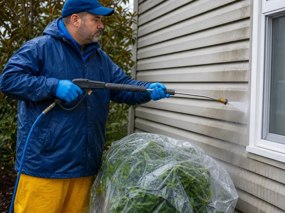 Pressure washer wand used at a safe angle on vinyl siding with nearby plants protected