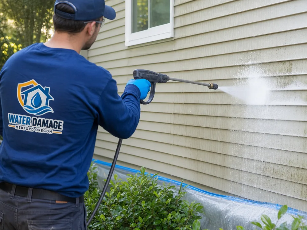 Pressure washer wand used at a safe angle on vinyl siding with nearby plants protected